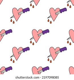 Halloween hearts with a daggers seamless pattern. Psychedelic halloween seamless white background.