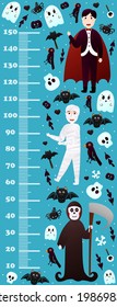 Halloween height chart for kids with cute monster characters - vampire, mummy and death, colourful spooky
