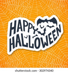 Halloween is here card with witch hat and bats, lettering design