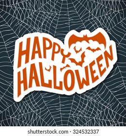 Halloween is here card with witch hat and bats, lettering design