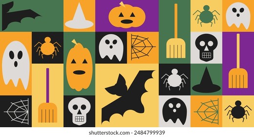 Halloween high contrast abstract horizontal banner in geometric style. Scary and spooky elements in simple geometric shapes, vector flat style. Good for Holiday templates, cover design