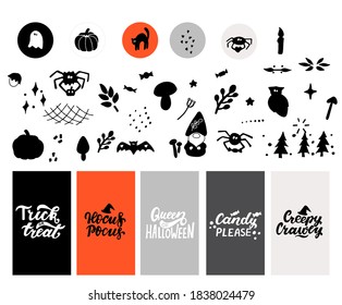 Halloween Highlight Covers Icon. Trick Or Treat Social Media Blogger Set, Hand Drawn Lettering. Pumpkin, Spider, Ghost Stories Cover Set. Orange, Black, Grey Colors