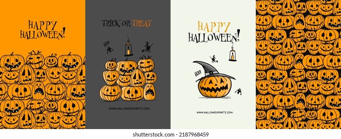 Halloween Hight, holiday party. Set of 4 concept art for your design project - cards, banners, poster, web, print, social media, promotional materials. Vector illustration