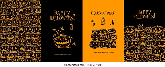 Halloween Hight, holiday party. Set of 4 concept art for your design project - cards, banners, poster, web, print, social media, promotional materials. Vector illustration