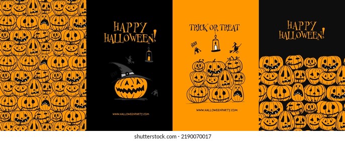 Halloween Hight, holiday party. Set of 4 concept art for your design project - cards, banners, poster, web, print, social media, promotional materials. Vector illustration