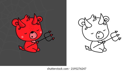 Halloween Himalayan Bear Clipart Multicolored and Black and White. Beautiful Clip Art Halloween Bear. Cute Vector Illustration of a Kawaii Halloween Animals in Devil Costume.
