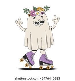 Halloween hippie ghost wearing retro skates. Cute character in trendy groovy style. Isolated vector illustration.