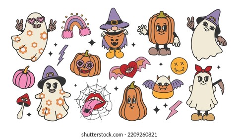 Halloween Hippie set. Retro Halloween cute ghosts, pumpkins, gnome, vampire.Vector design on isolated background. Cartoon style. For print and web.