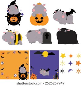 Halloween hipopótamo clip art, Spooky hipopótamo ilustração, Hipopótamo em cores de Halloween