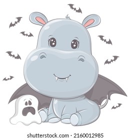 Halloween hippo with a ghost. Vector illustration of Halloween animal. Cute little illustration Halloween hippopotamus for kids, fairy tales, covers, baby shower, textile t-shirt, baby book.