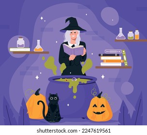Halloween hocus pocus. Witch with book stands in front of potion and reads spell. Imagination and fantasy. Feast of fear and horror. Magic and sorcery concept. Cartoon flat vector illustration