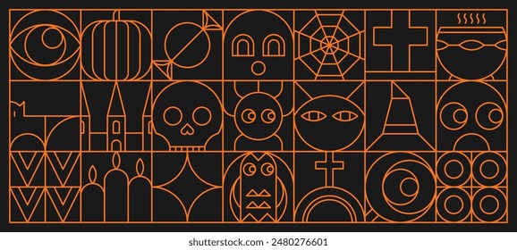 Halloween holiday abstract modern line geometric pattern, vector background. Halloween horror night and trick or treat boo ghost with pumpkin, skull, tombstone and spiderweb in geometric line pattern