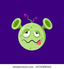 Halloween holiday alien emoji character with eerie green skin, spooky squint eyes, sticking tongue. Isolated vector funny confused or dumbfounded personage, sporting a menacing extraterrestrial vibe