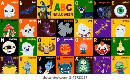 Halloween holiday alphabet, abc kids type. Vector letters with cartoon horror monsters characters. English abc with ghost, zombie, skull and pumpkin, trick or treat candies, witch, vampire personages