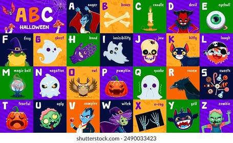 Halloween holiday alphabet, abc kids type with cartoon horror night monsters characters. Vector letters of english alphabet with scary pumpkin, witch, zombie, ghost personages, trick or treat candies