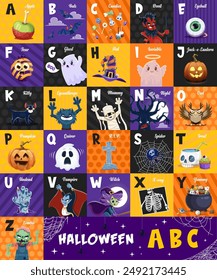 Alfabeto navideño de Halloween, tipo abc kids. Vector letras en mayúscula con divertidos personajes de monstruos fantasmagóricos de dibujos animados. Zombi, fantasmas, bruja, momia o gato negro. Búho, diablo, calabaza. Tipografía aterradora de Latina