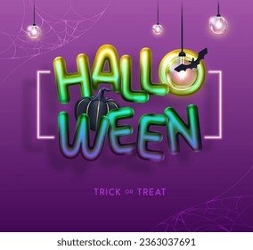 Halloween holiday background with 3D chromic letters, pumpkin and electric lamps. Vector illustration