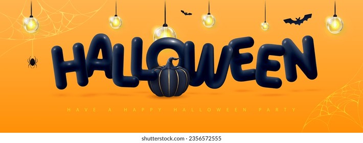 Halloween holiday background with 3D plastic letters, pumpkin and electric lamps. Vector illustration