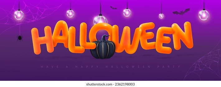 Halloween holiday background with 3D plastic letters, pumpkin and electric lamps. Vector illustration
