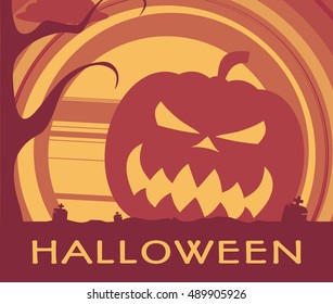 Halloween holiday background. Abstract cemetery landscape with pumpkins head silhouette