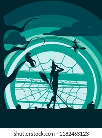 Halloween holiday background. Cemetery view at night. Flying and standing witches with broomsticks