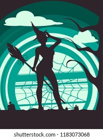 Halloween holiday background. Cemetery view at night. Standing witche with broomstick