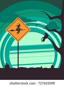 Halloween holiday background. Flying witch silhouette with broomstick on warning yellow road sign. Cemetery view at night