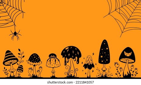 Halloween holiday background with mystical mushrooms and spider webs. Black spiders on net and mushroom, horror vector banner for invite or poster