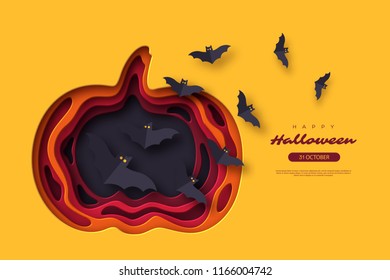 Halloween holiday background. Paper cut style with flying bats. 3d layered effect. Vector illustration.