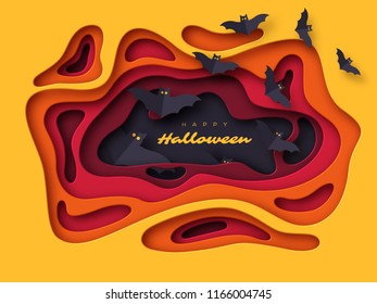 Halloween holiday background. Paper cut style abstract shapes with flying bats. 3d layered effect. Vector illustration.