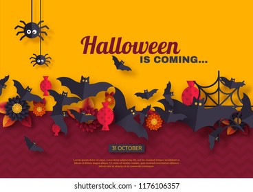 Halloween holiday background. Paper cut style flying bats, candy, flowers and spiders. Purple and yellow color background with greeting text. Vector illustration.