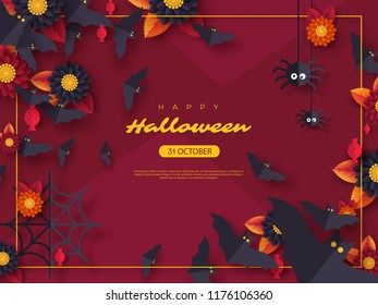 Halloween holiday background. Paper cut style flying bats, candy, flowers and spiders. Purple color background with greeting text. Vector illustration.