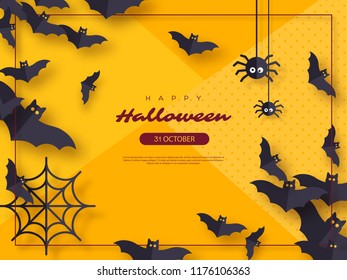 Halloween holiday background. Paper cut style flying bats and spiders. Yellow color background with frame and greeting text. Vector illustration.