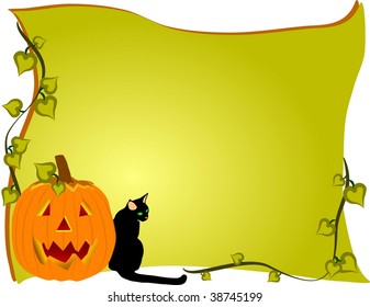 Halloween holiday background, with a pumpkin carved into a jack o' lantern, a black cat, and a vine of green leaves.