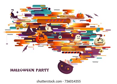 Halloween holiday background with pumpkins, spiders and skulls. Abstract background with orange and black color of halloween. Lines, waves and abstract elements of a trendy and modern style background