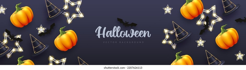 Halloween holiday background with realistic 3D halloween pumpkins. Vector illustration