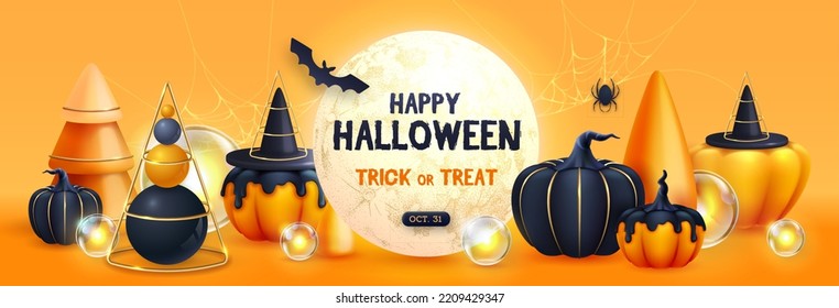 Halloween holiday background with realistic 3D halloween pumpkins and full moon. Vector illustration