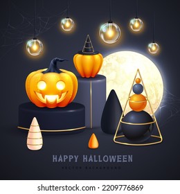 Halloween holiday background with realistic 3D halloween pumpkins. Vector illustration