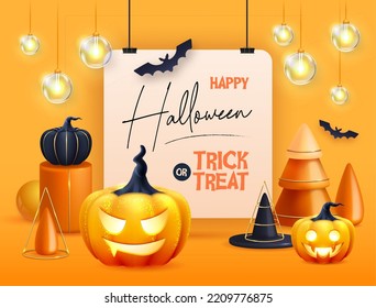 Halloween holiday background with realistic 3D halloween pumpkins. Vector illustration