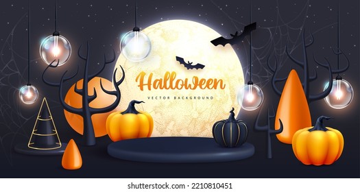 Halloween holiday background with realistic 3D halloween pumpkins and full moon. Vector illustration