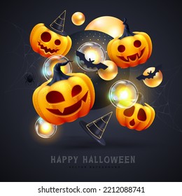 Halloween holiday background with realistic 3D halloween pumpkins. Vector illustration