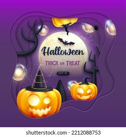 Halloween holiday background with realistic 3D halloween pumpkins and full moon. Vector illustration