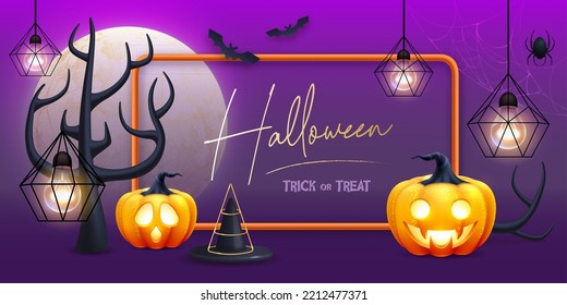 Halloween holiday background with realistic 3D halloween pumpkins and full moon. Vector illustration