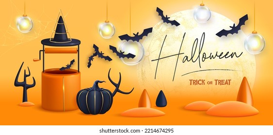 Halloween holiday background with realistic 3D halloween pumpkins and full moon. Vector illustration