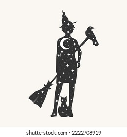 Halloween holiday background. Standing witch silhouette with broomstick, cat and raven filled with crescent moon and stars