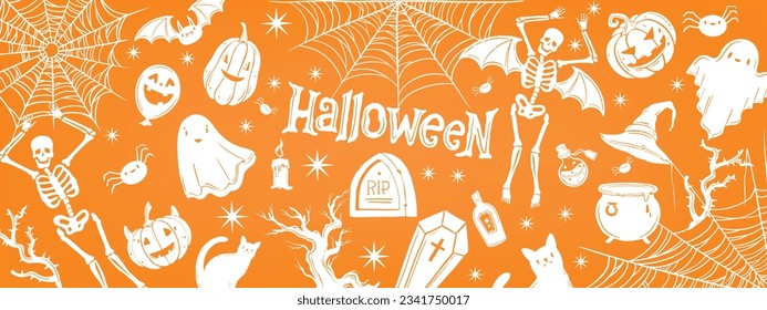 Halloween holiday background, vector simple ghost pumpkin cute spooky banner, cartoon wallpaper. Fun scary orange grave silhouette, dancing skeleton, spiderweb. Autumn creepy halloween background