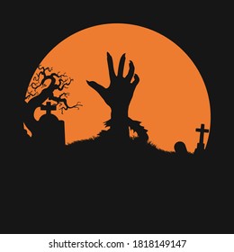 Halloween holiday background. Zombie hand rising out of a graveyard in the spooky night. Vector silhouette. Concept illustration