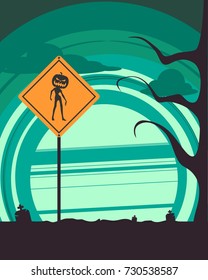 Halloween holiday background. Zombie silhouette with pumpkins head on warning yellow road sign. Cemetery view at night