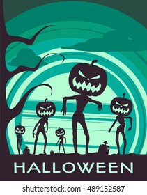 Halloween holiday background. Zombie silhouettes with pumpkins head
