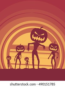 Halloween holiday background. Zombie silhouettes with pumpkins head